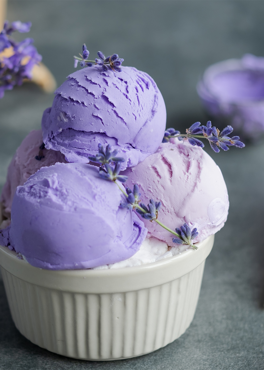 gourmet lavender ice cream in a bowl